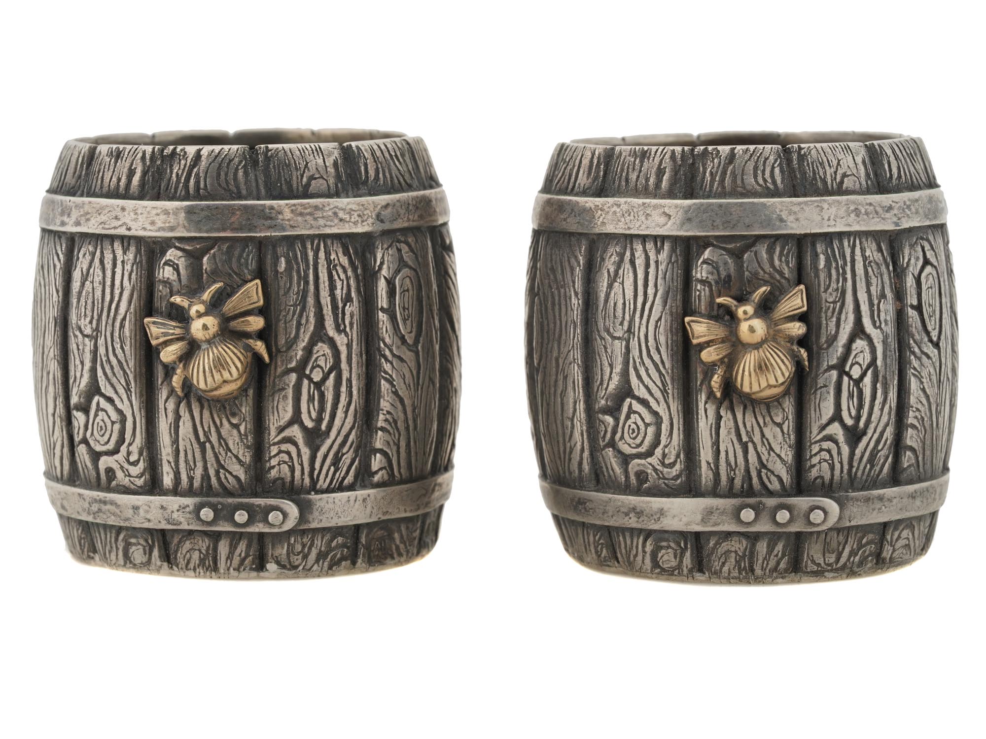 PAIR OF RUSSIAN SILVER WOODEN BARREL VODKA CUPS PIC-0
